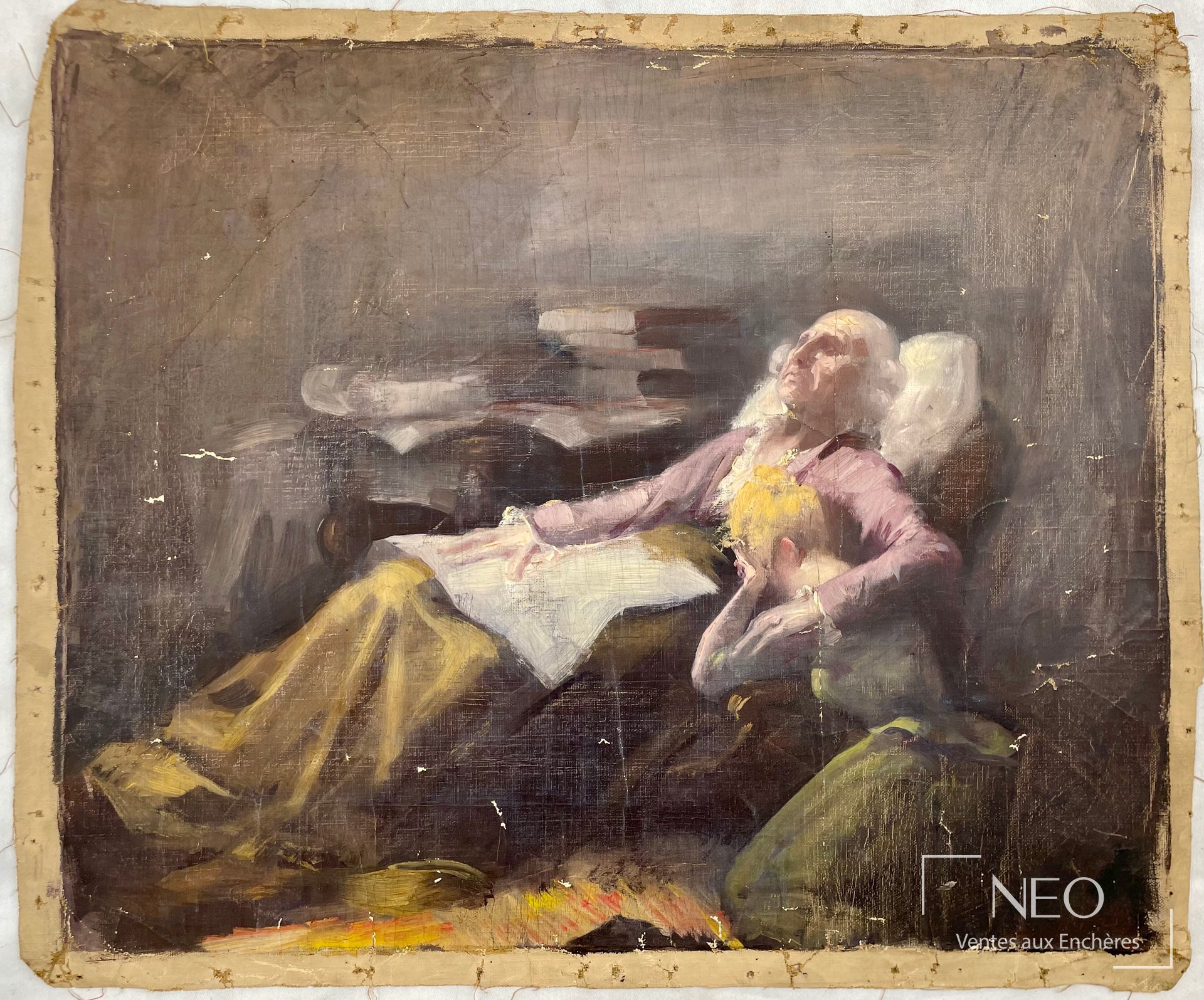 Huile sur toile attribuée à Delphin Enjolras représentant une scène intérieure avec deux personnages