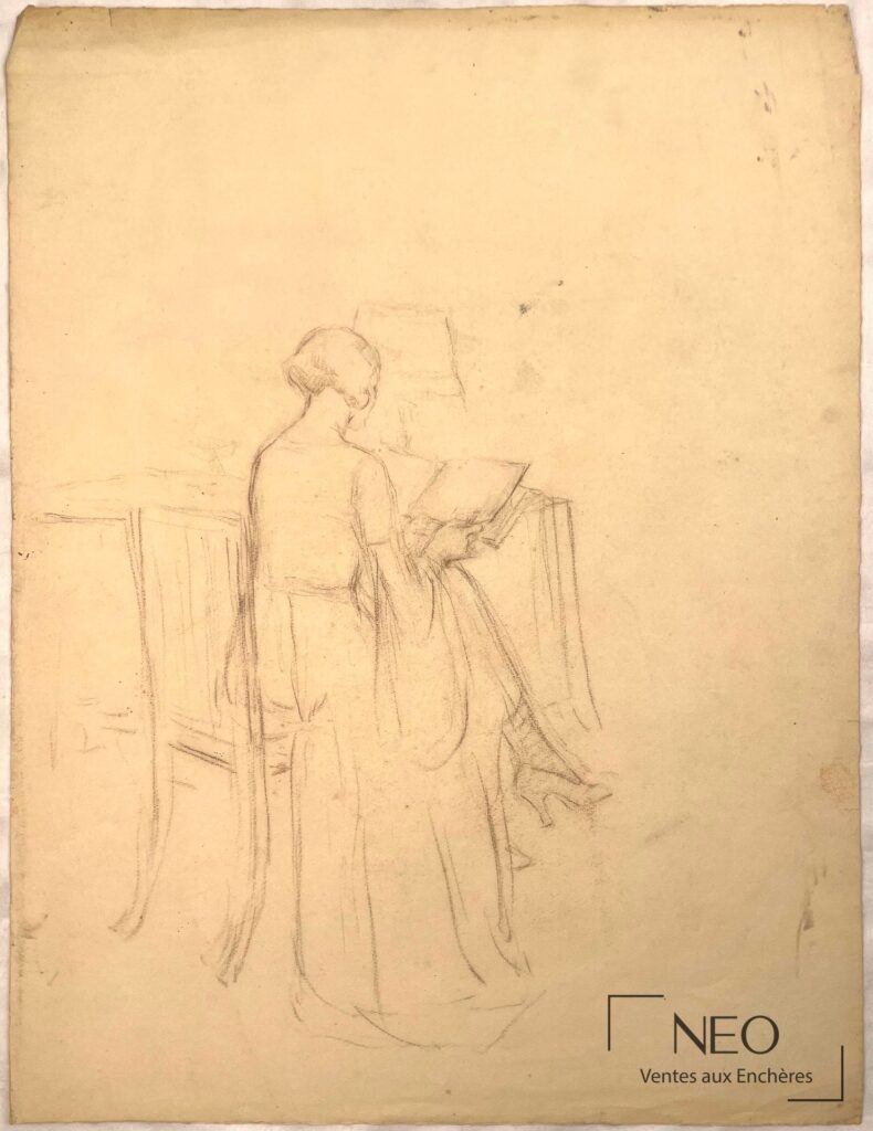 Dessin de femme assise en pleine lecture à la pierre noire sur papier
