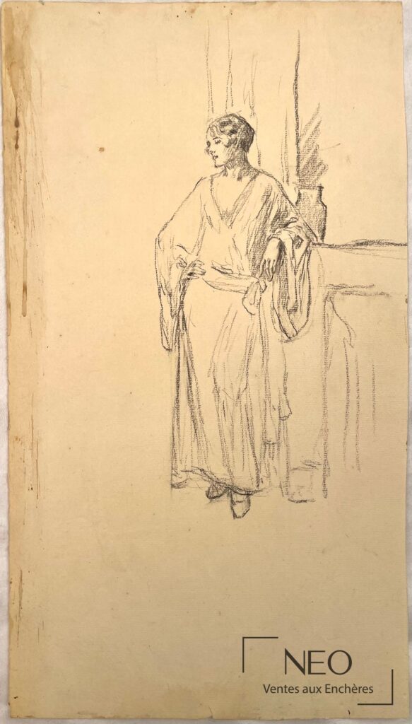 Dessin d'une femme adossée près d'une cheminée