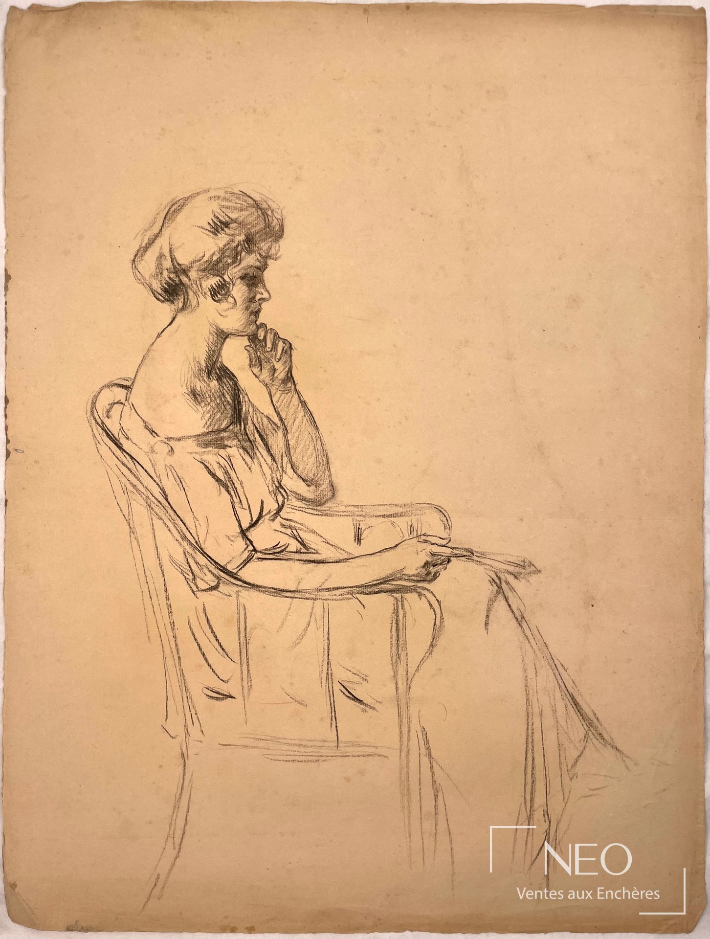 Delphin Enjolras, Femme pensive, pierre noire sur papier
