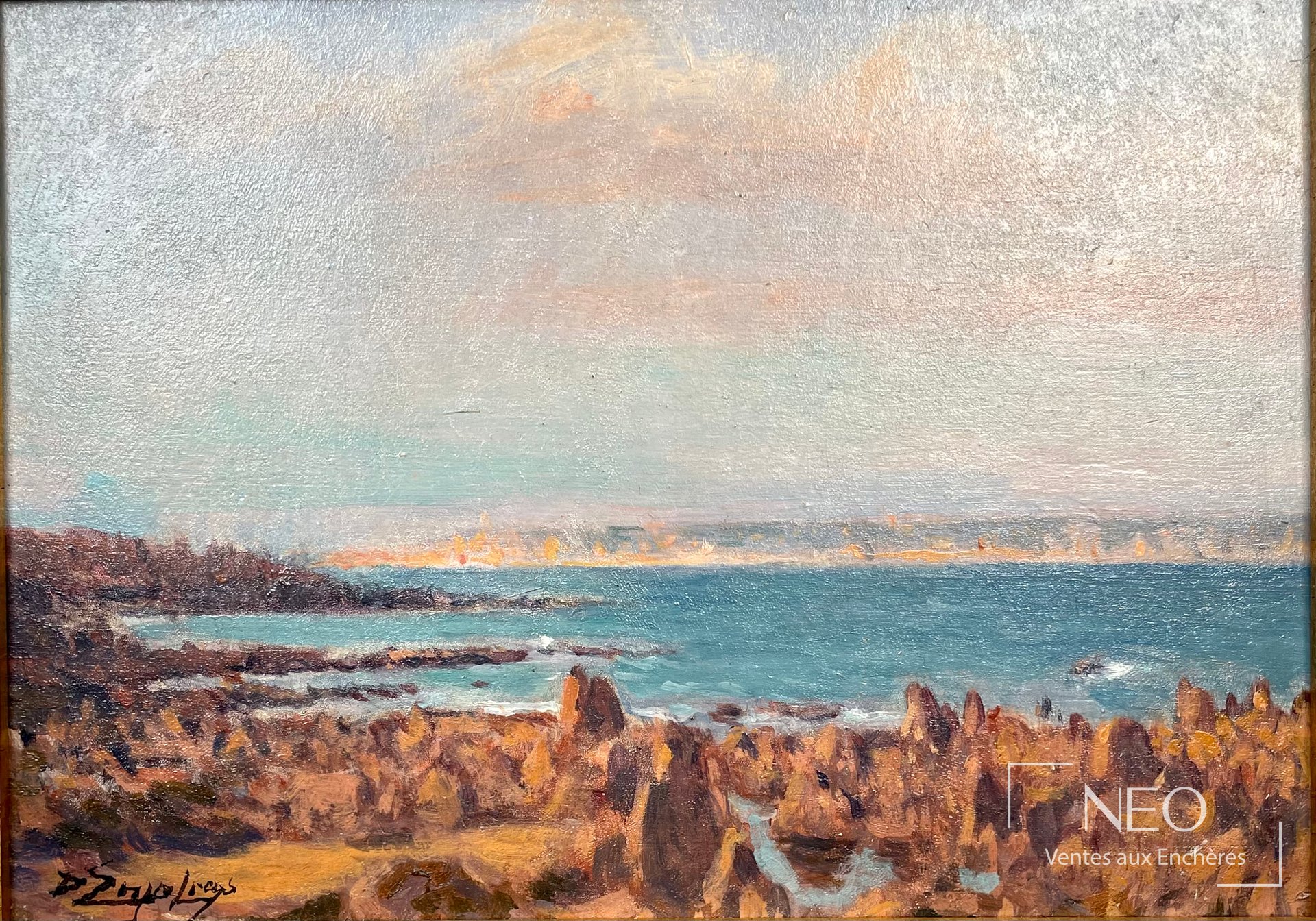 Vue d'ensemble du bord de mer rocheux peint à l'huile
