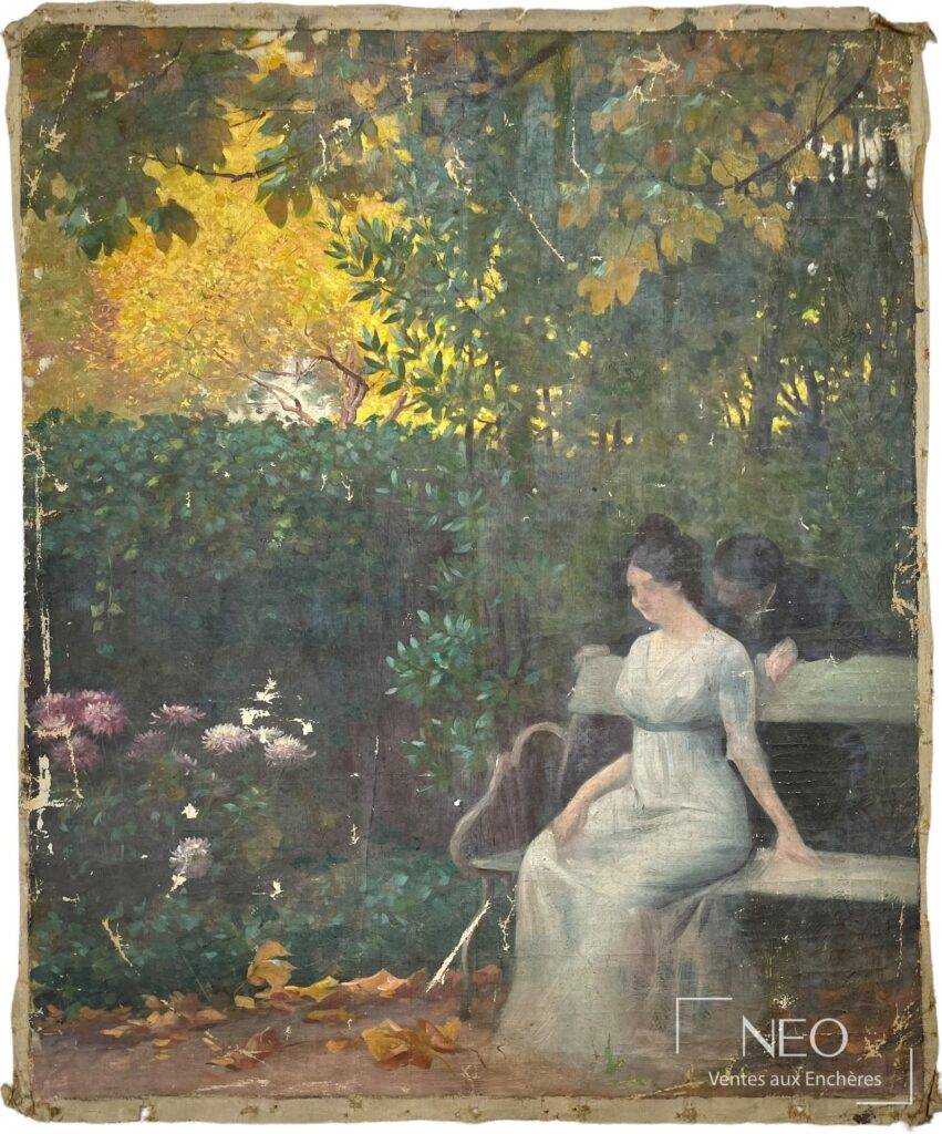 Huile sur toile représentant un couple dans un jardin