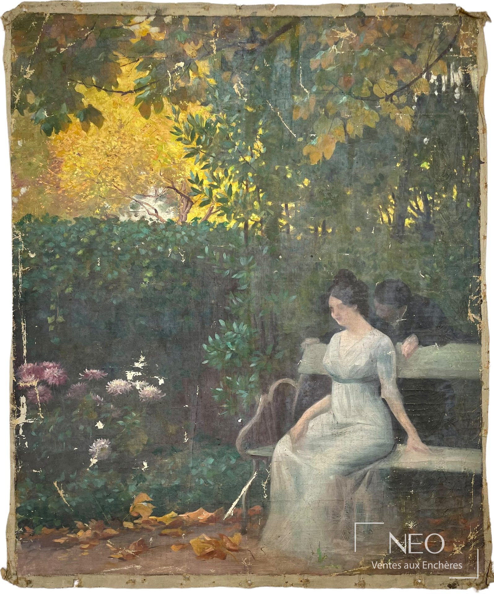 Huile sur toile représentant un couple dans un jardin