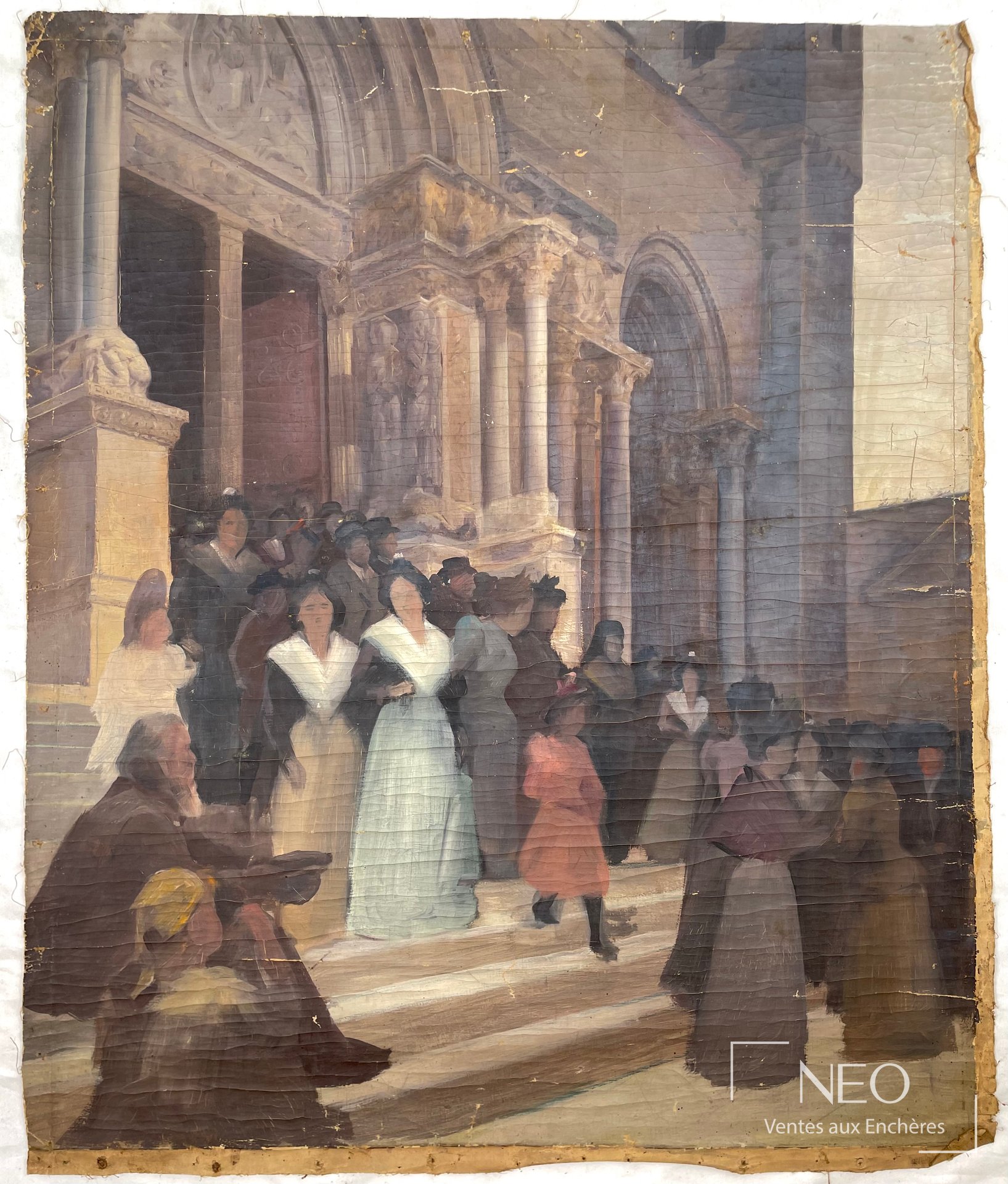 Huile sur toile représentant une foule devant une église