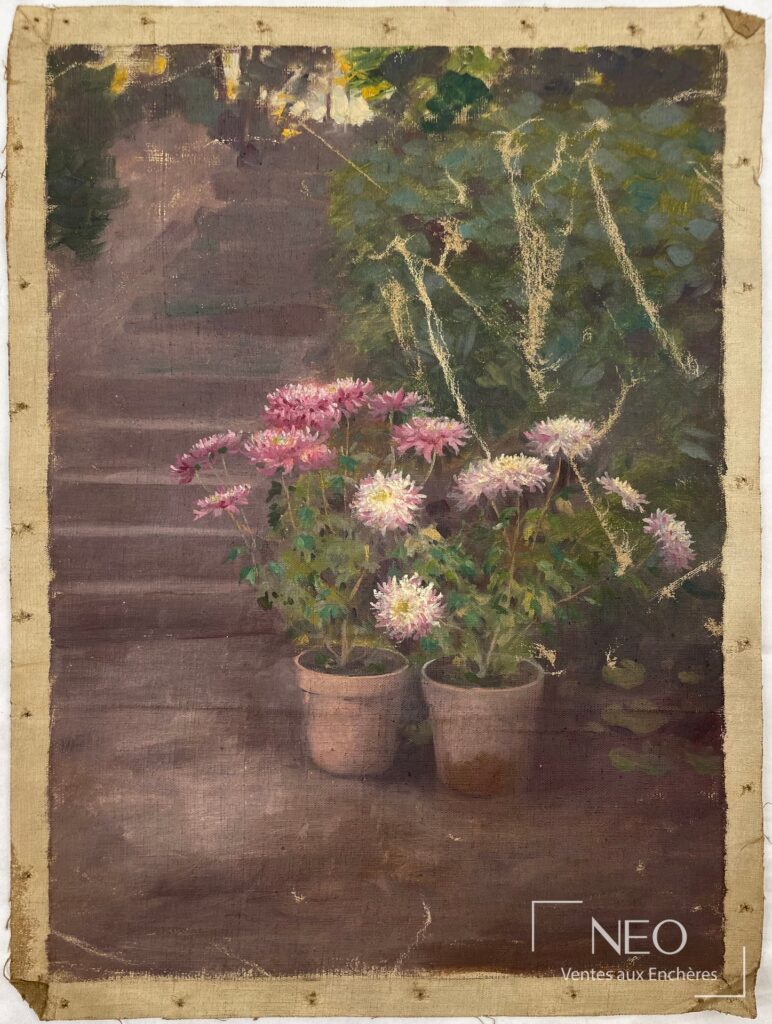 Tableau attribué à Delphin Enjolras représentant des pots de fleurs devant un escalier
