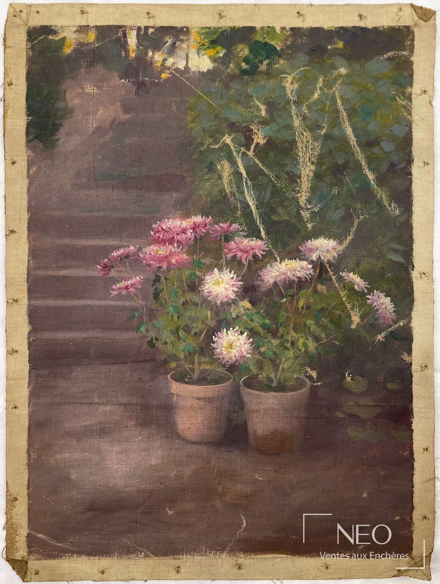 Tableau attribué à Delphin Enjolras représentant des pots de fleurs devant un escalier
