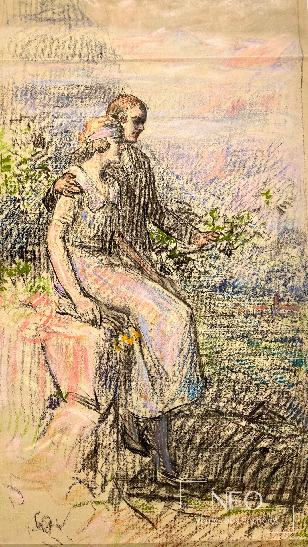 Couple assis au bord de l'eau dans une scène au pastel et pierre noire