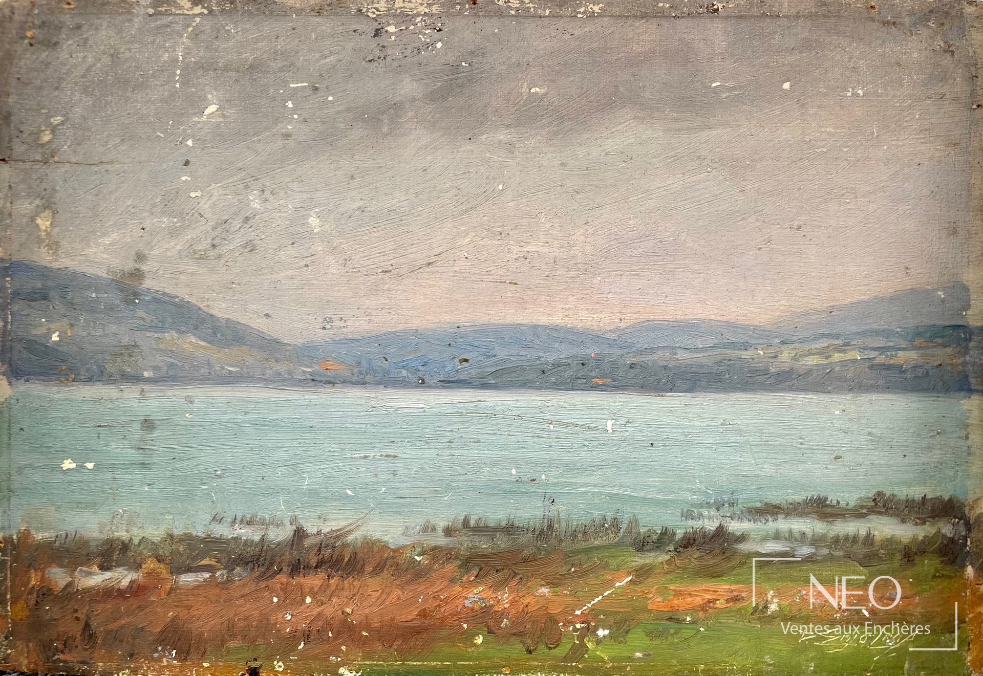 Paysage lacustre peint à l'huile sur panneau de bois