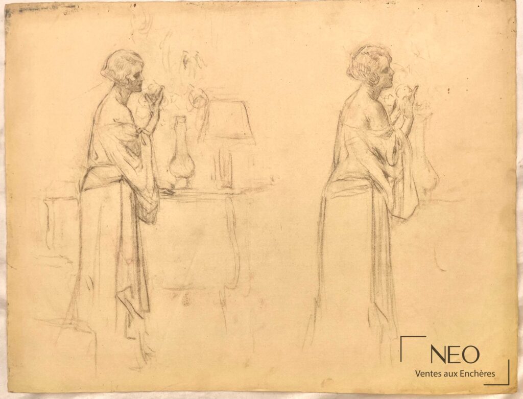 Étude de femmes à la pierre noire sur papier