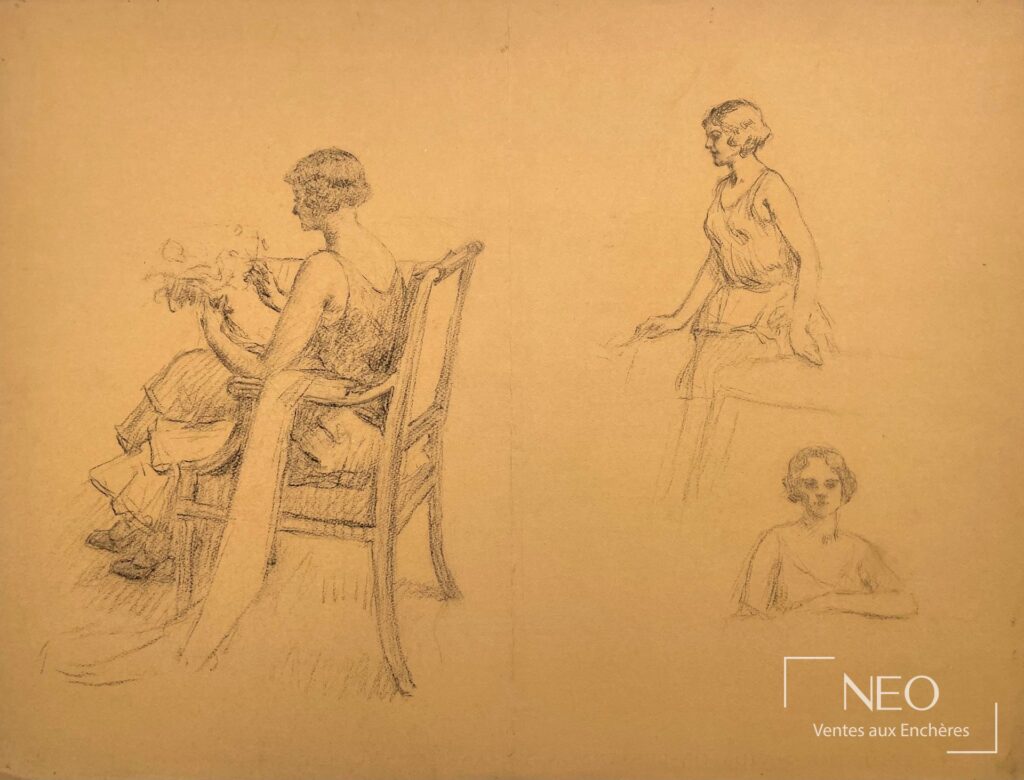 Étude de femmes à la pierre noire sur papier représentant plusieurs figures féminines