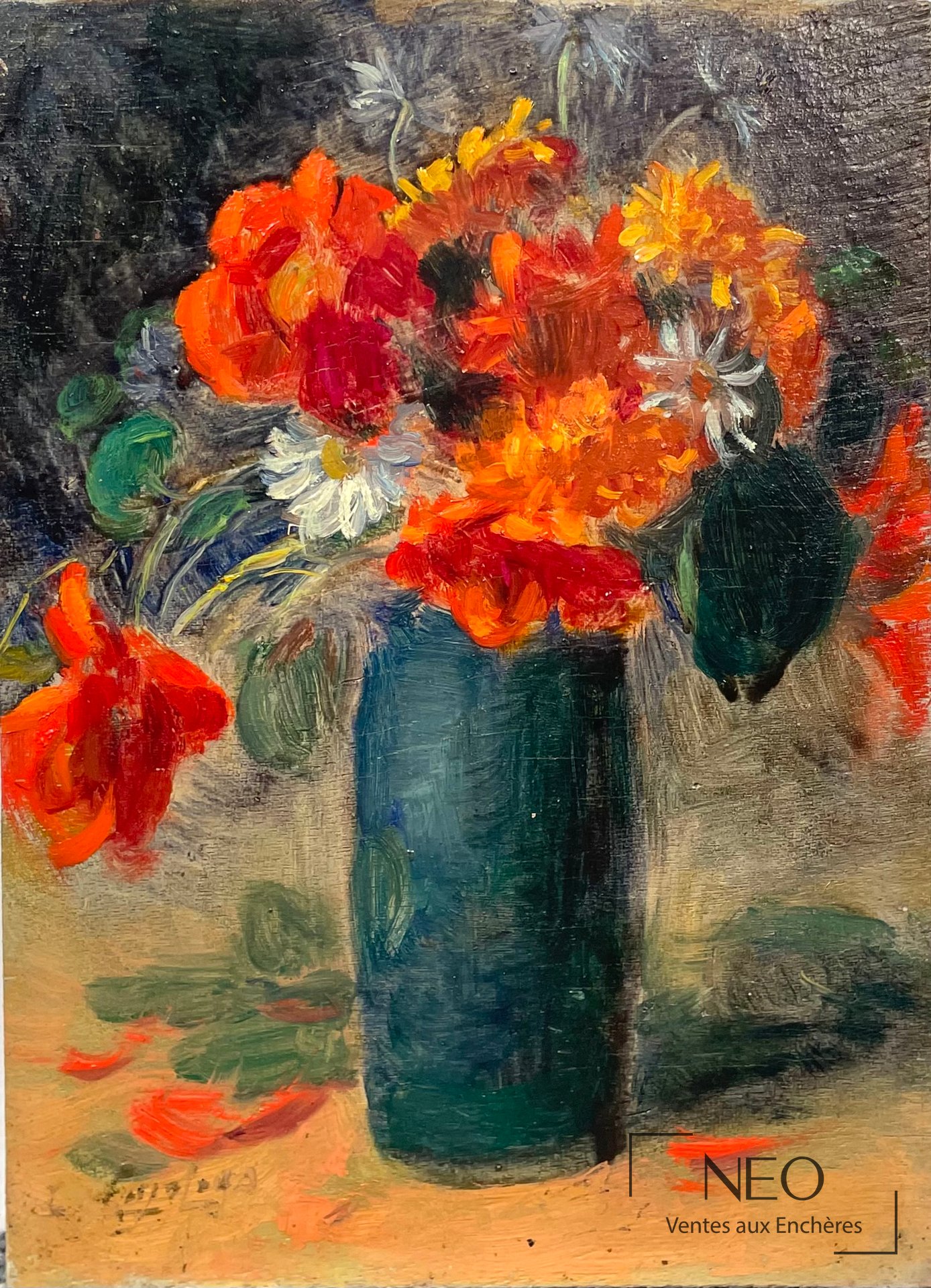 Delphin Enjolras Bouquet de fleurs au vase vert, huile sur panneau de bois