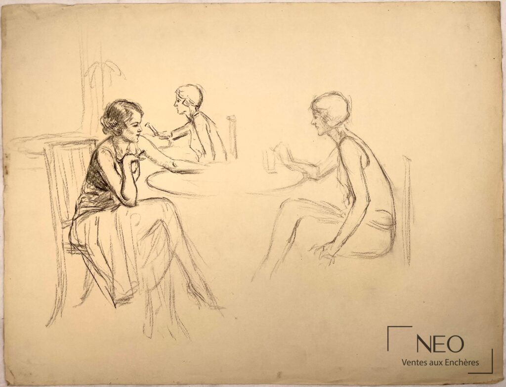 Dessin de femmes attablées en conversation à la pierre noire sur papier
