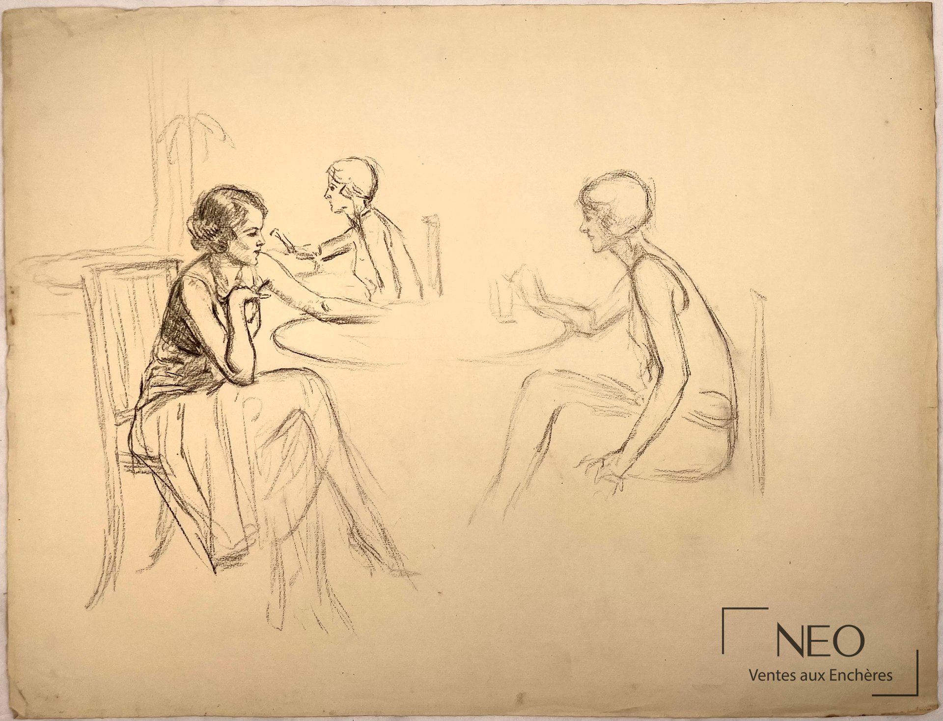 Delphin Enjolras, Femmes attablées en conversation, dessin à la pierre noire
