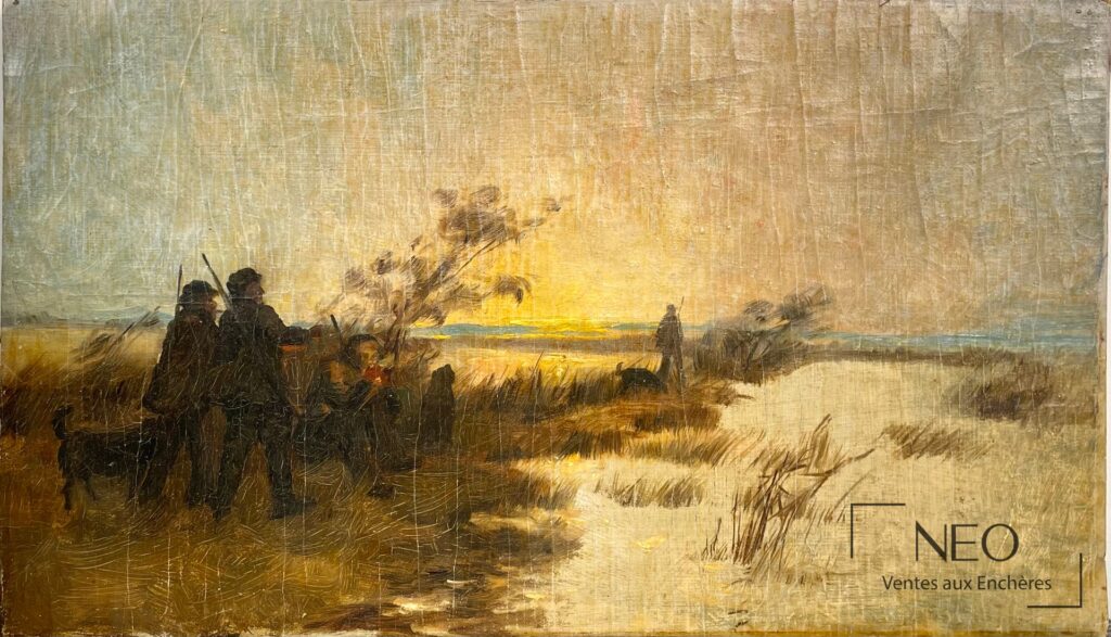Huile sur toile représentant des chasseurs au lever du jour dans une zone marécageuse