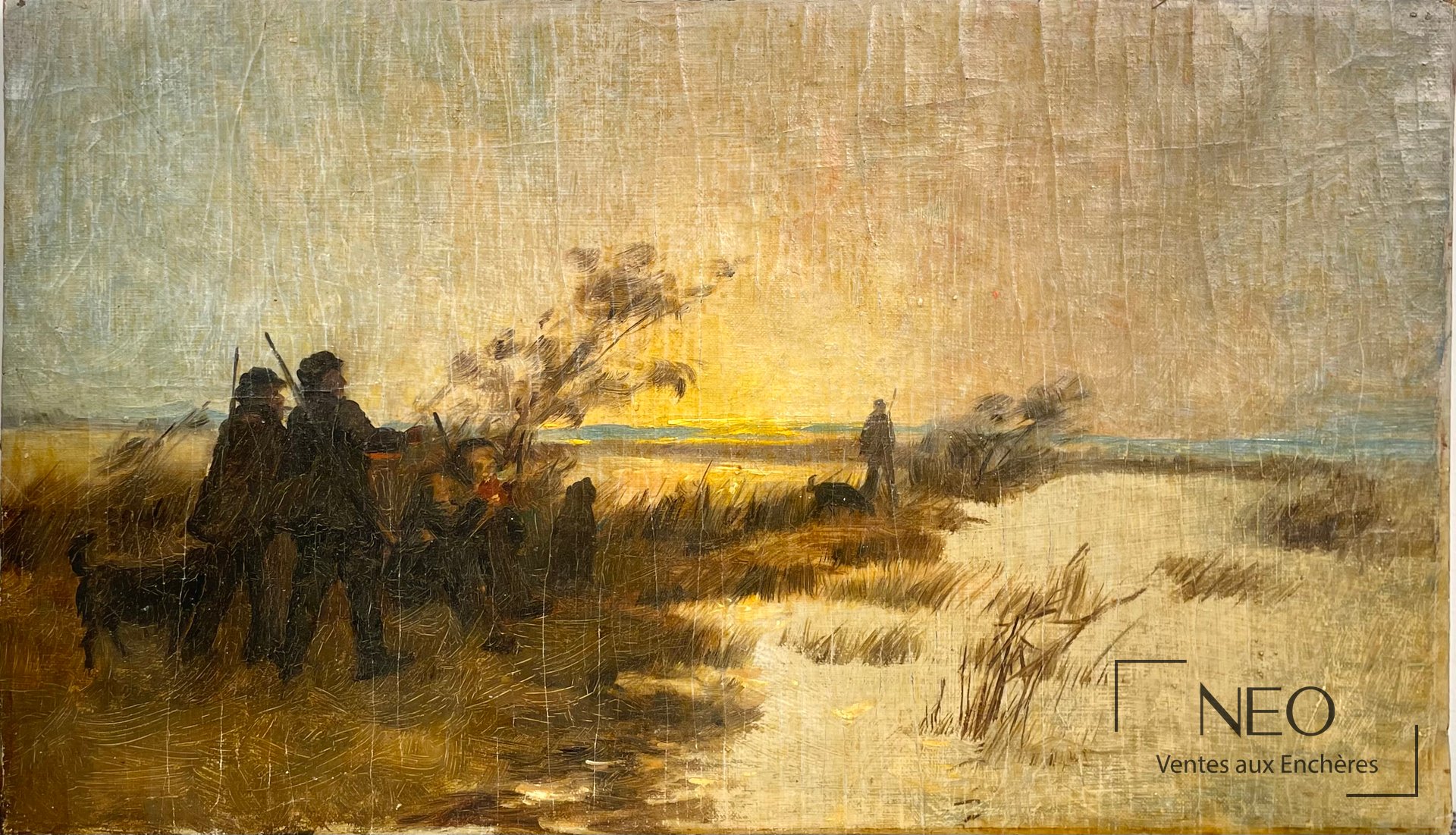 Huile sur toile représentant des chasseurs au lever du jour dans une zone marécageuse