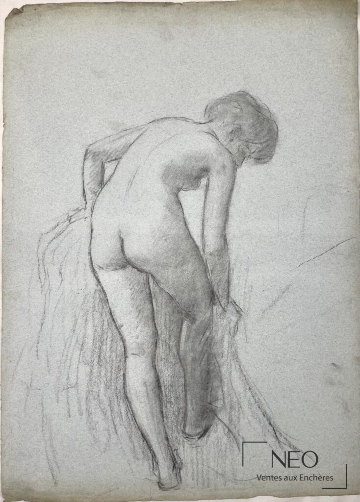 Dessin au fusain d'une femme nue vue de dos sur papier teinté