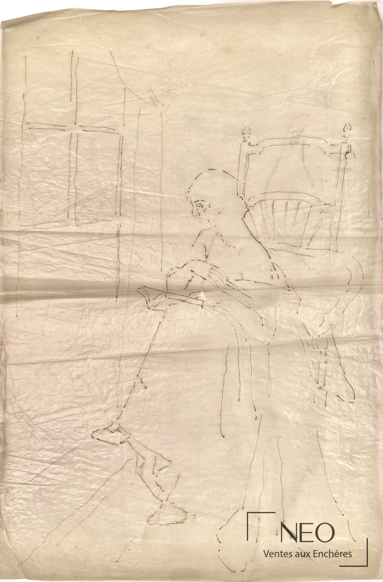 Étude d'une femme assise à la lecture sur papier calque