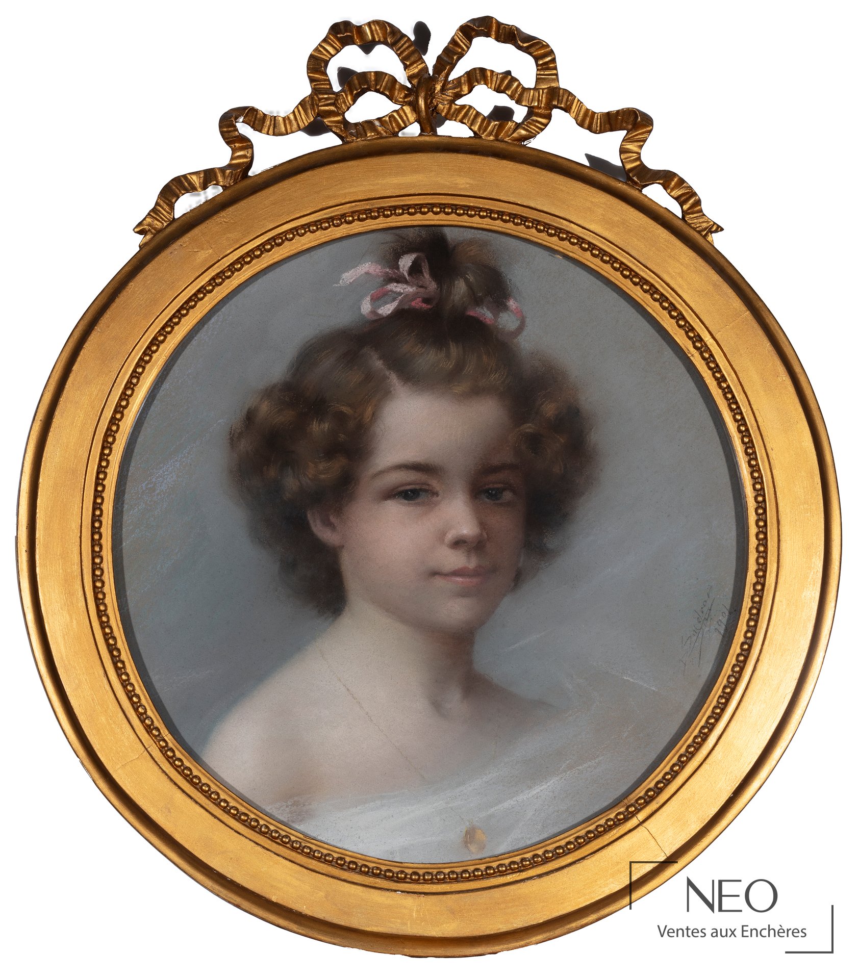 Delphin Enjolras Portrait de jeune fille au ruban rose en médaillon, 1901