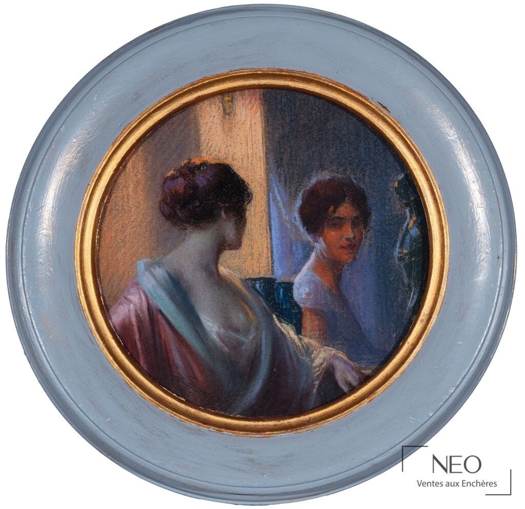 Pastel rond de Delphin Enjolras montrant une femme en déshabillé devant un miroir