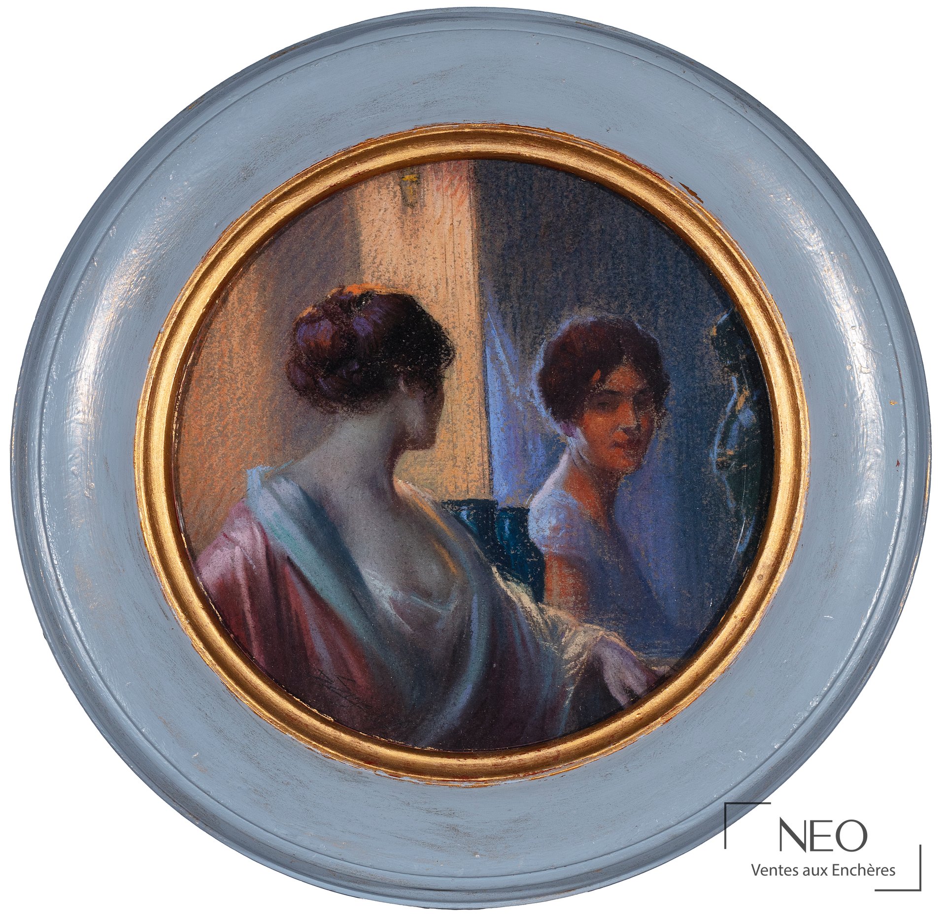 Pastel rond de Delphin Enjolras montrant une femme en déshabillé devant un miroir