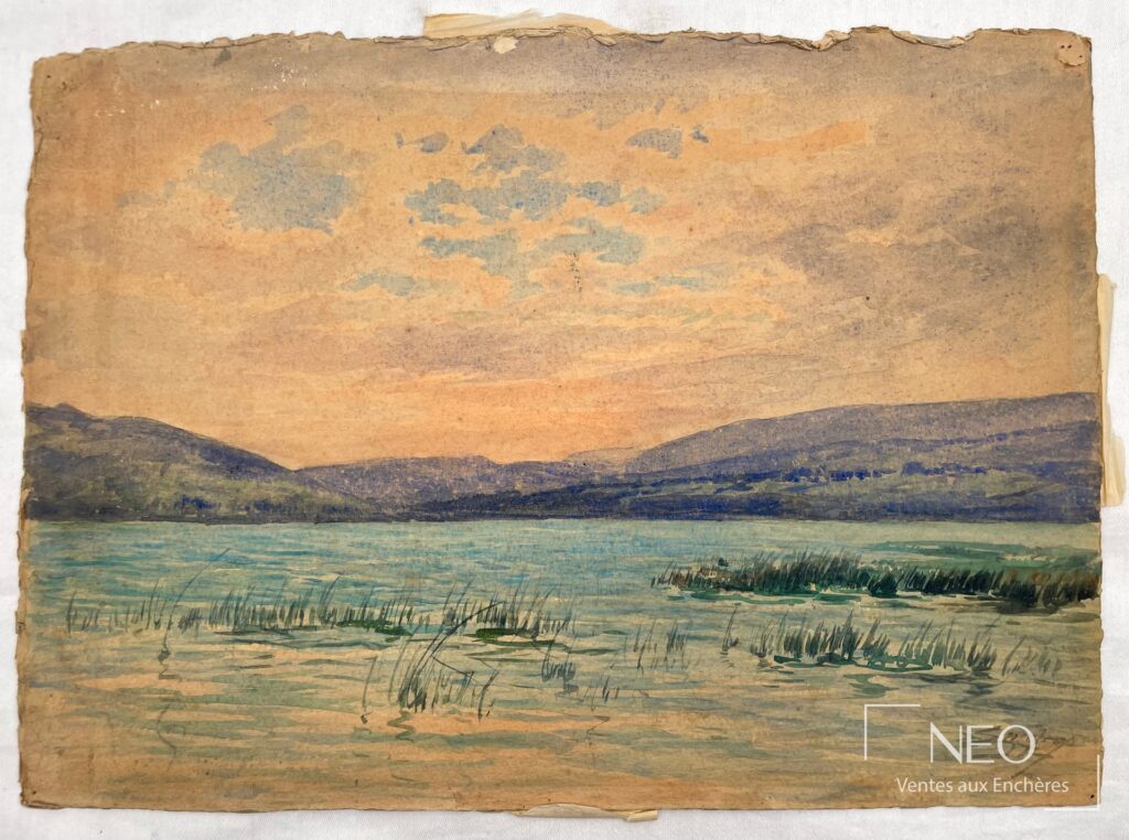 Aquarelle d’un lac et des montagnes sous un ciel nuancé