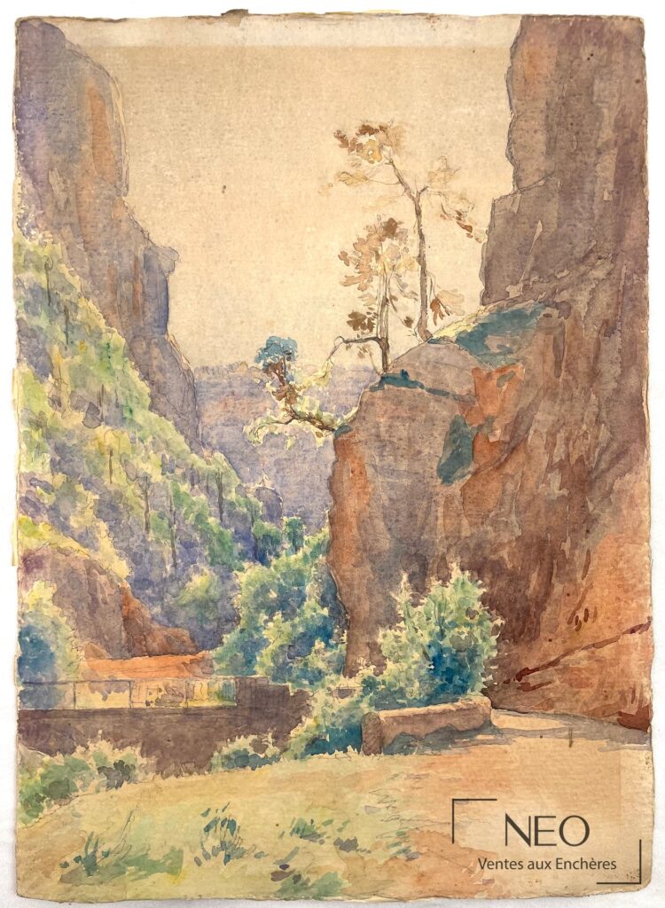 Paysage à l'aquarelle représentant des falaises et des arbres