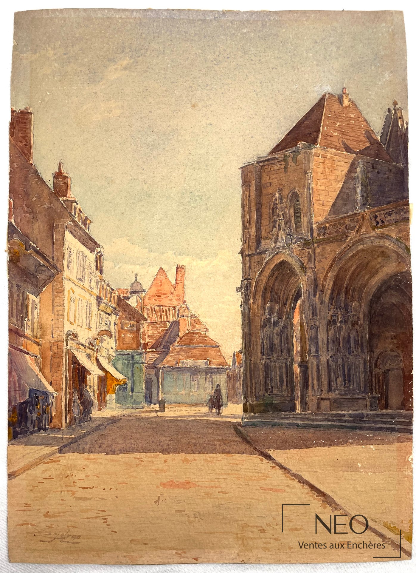 Aquarelle de Delphin Enjolras représentant une place d’église avec architecture urbaine
