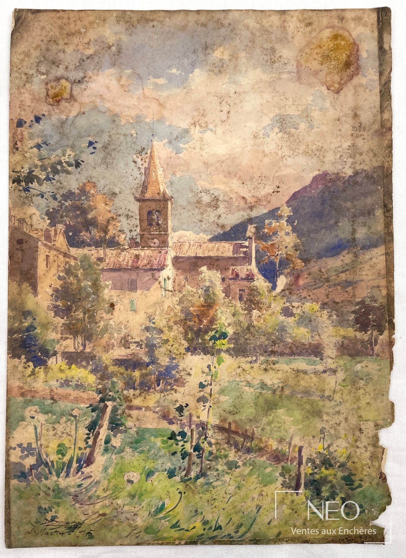 Aquarelle de village avec clocher