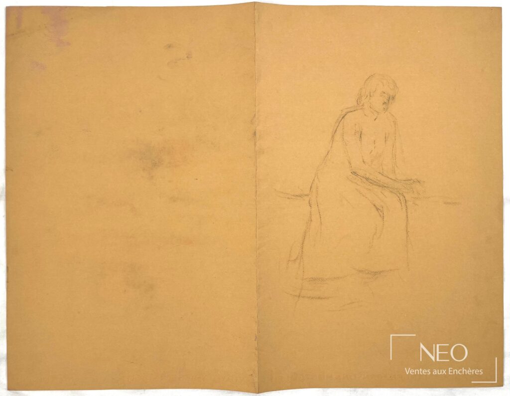 Dessin de silhouette féminine assise sur papier teinté