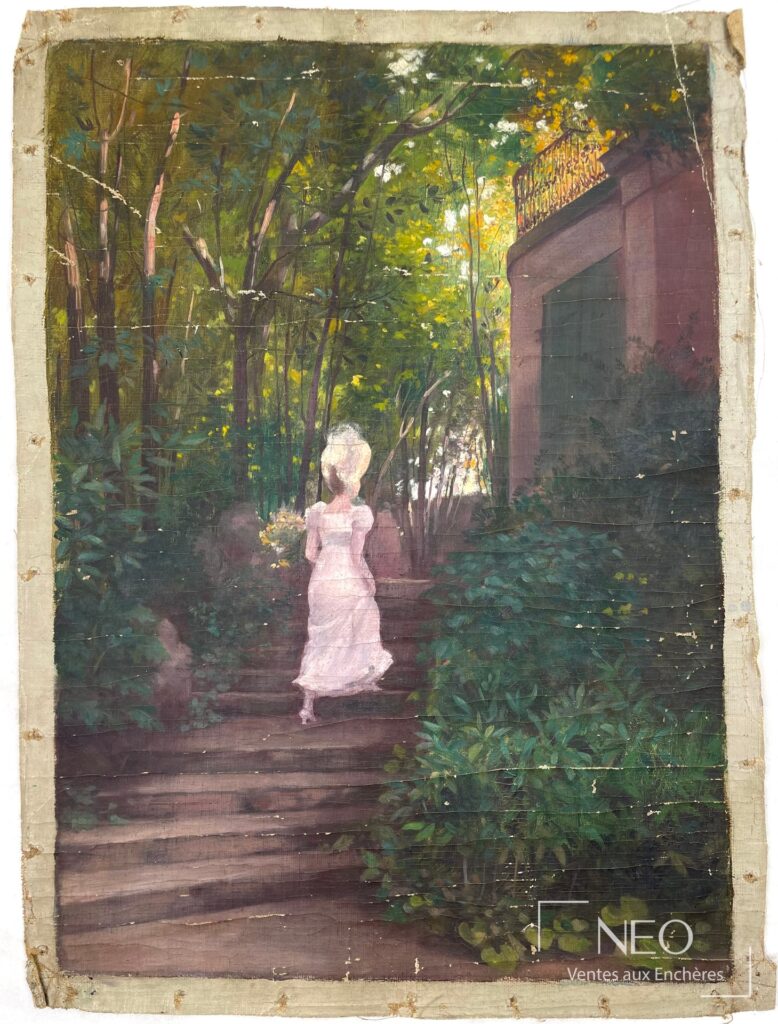 Huile sur toile montrant une femme de dos montant des escaliers dans un jardin luxuriant