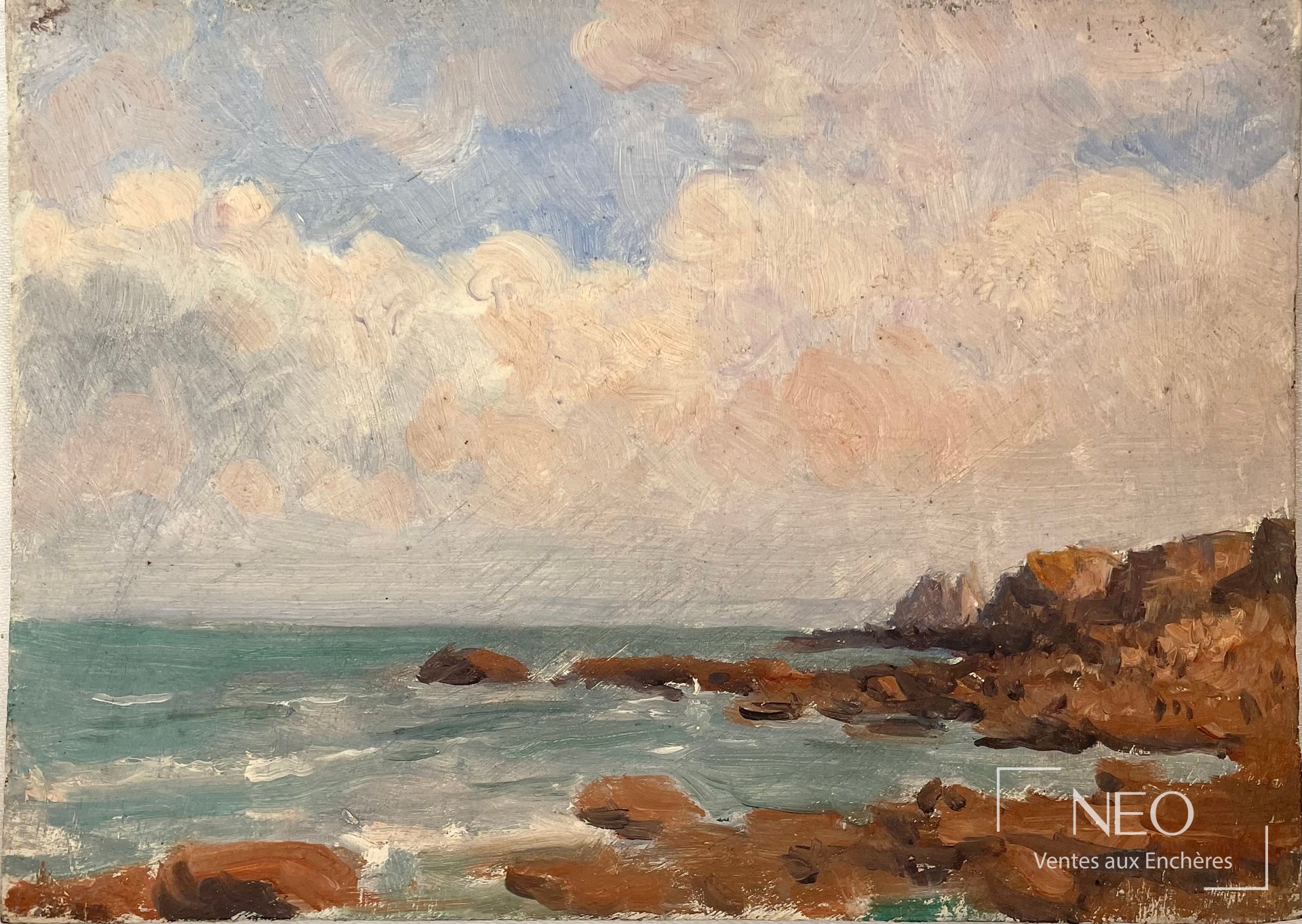 Bord de mer rocheux peint à l'huile sur panneau de bois
