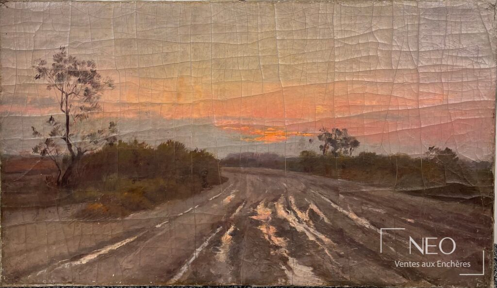 Paysage au coucher de soleil peint à l'huile sur toile