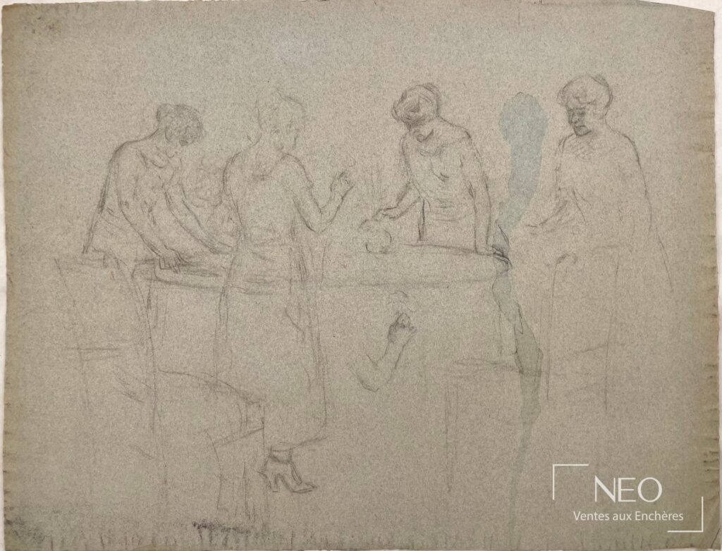 Dessin à la pierre noire représentant plusieurs femmes autour d'une table sur papier
