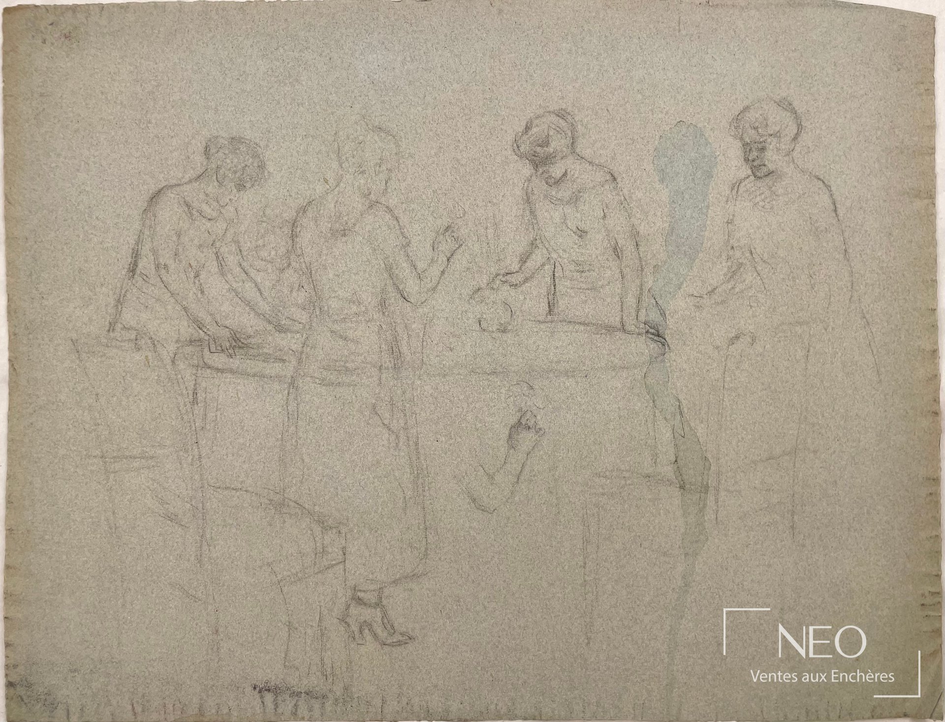 Delphin Enjolras attribué à, Femmes autour de la table, pierre noire sur papier