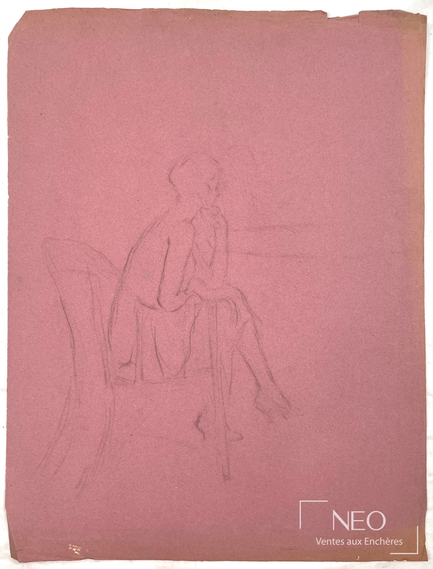 Étude au crayon d'une femme assise sur papier lie de vin