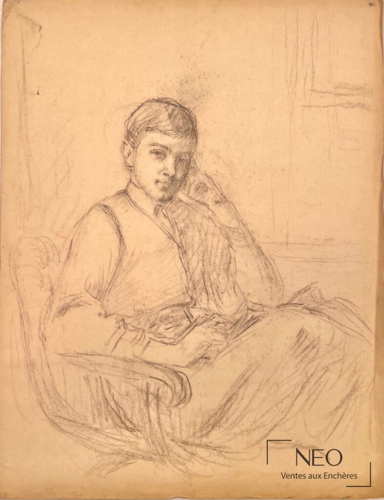 Étude au crayon d’un jeune homme assis sur papier jauni