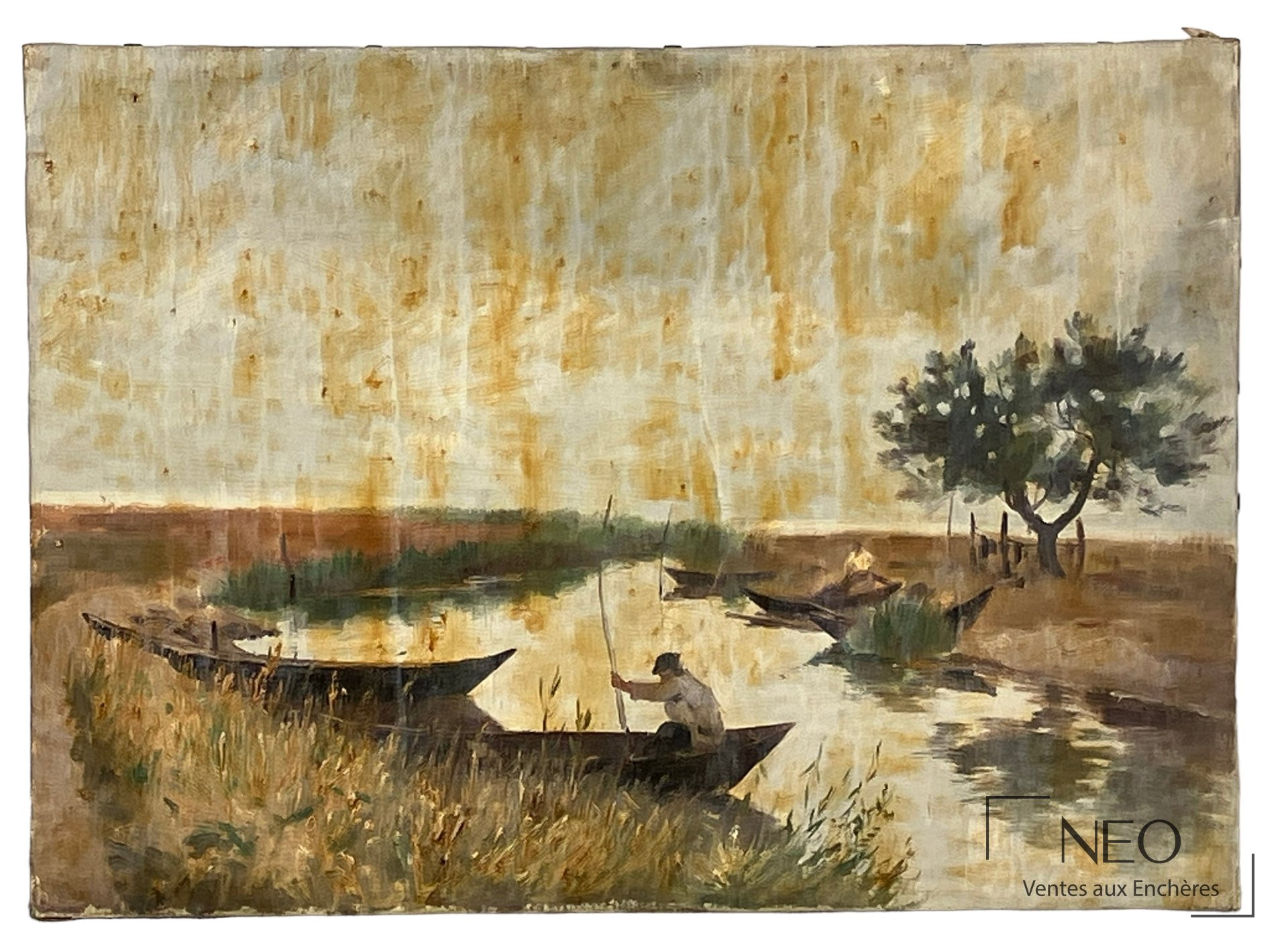 Paysage à barques au bord d'une rivière