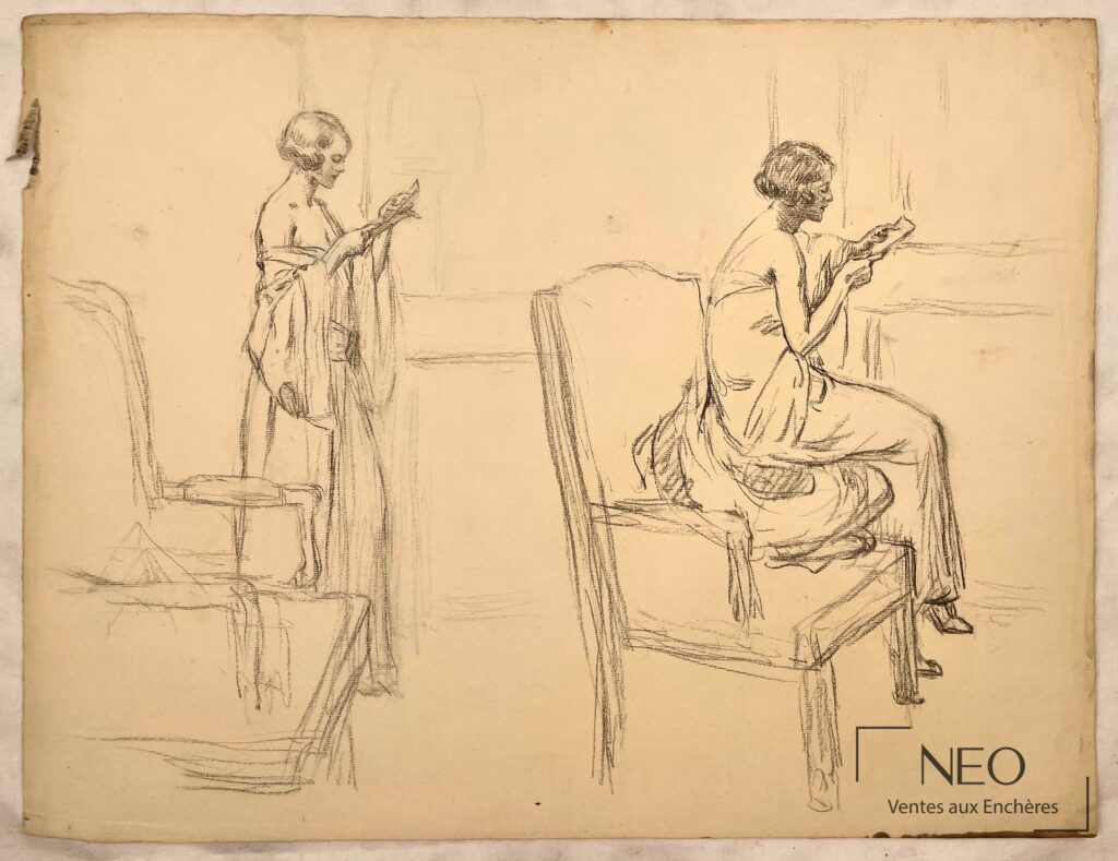 Dessin à la pierre noire représentant une femme lisant