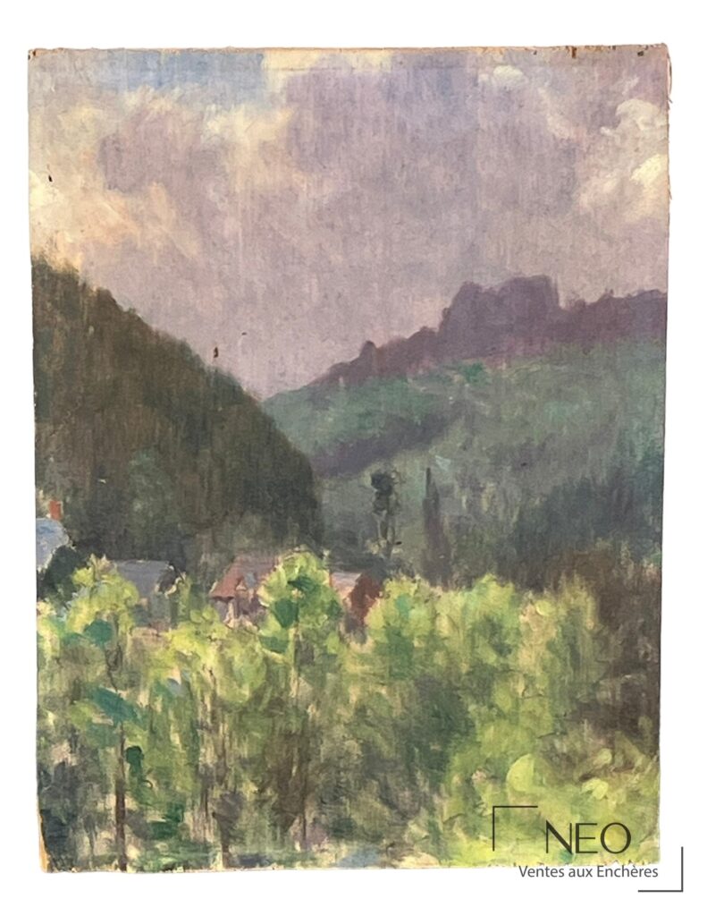 Paysage peint à l’huile sur panneau de bois