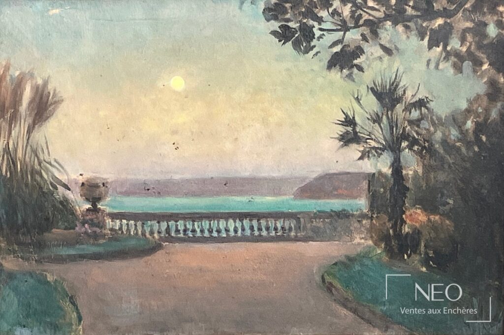 Vue du tableau représentant un balcon sous la pleine lune avec jardin et paysage marin