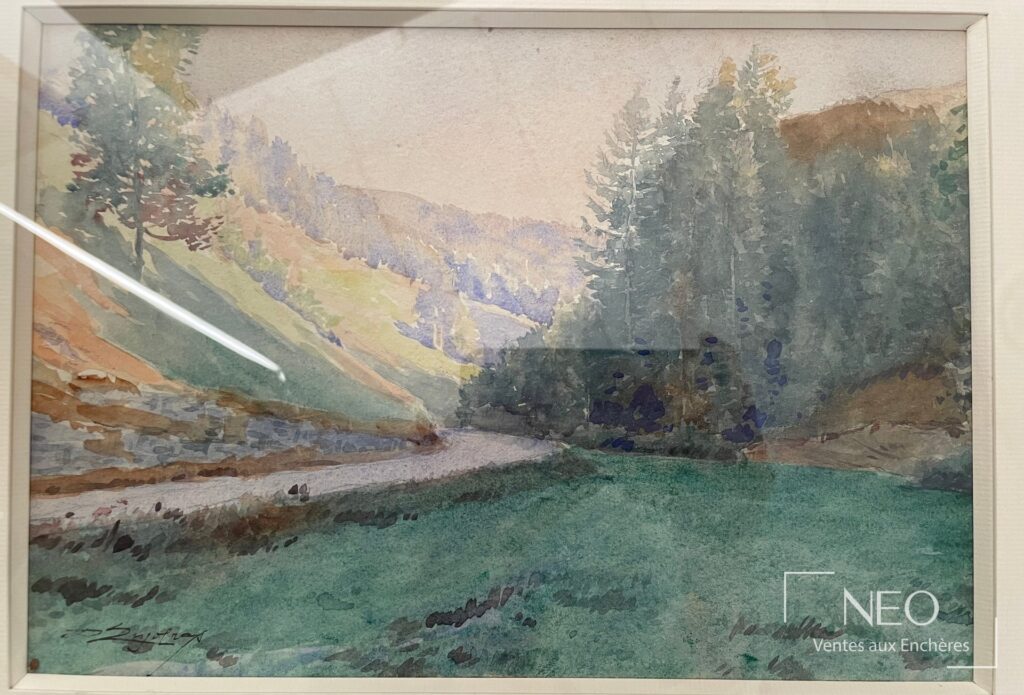 Aquarelle de Delphin Enjolras représentant un chemin montagneux dans un cadre blanc