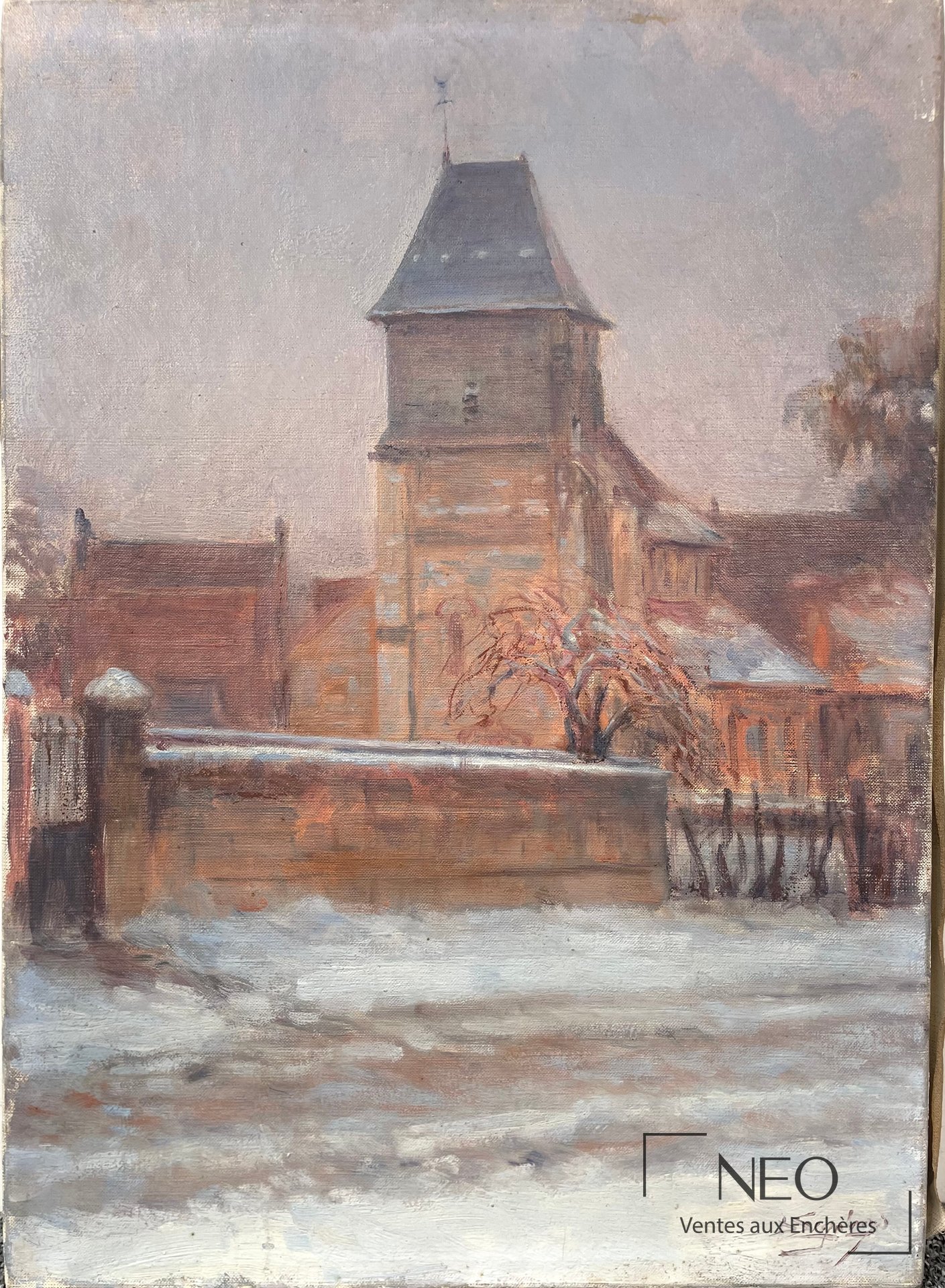 Delphin Enjolras, Clocher d’église sous la neige, huile sur toile