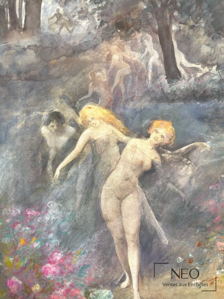 Aquarelle et pastel représentant des figures nues dans un paysage arboré et fleuri