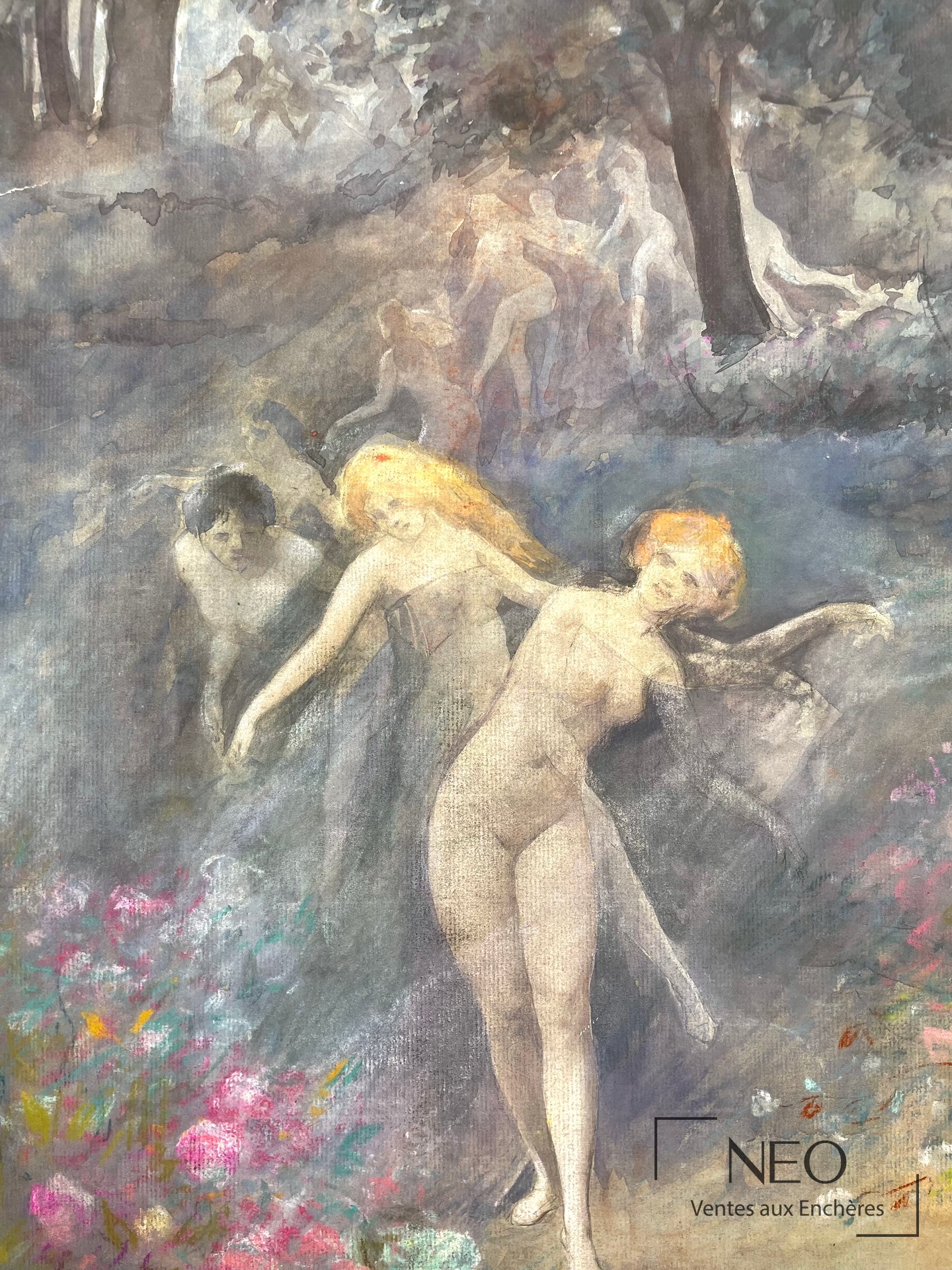 Aquarelle et pastel représentant des figures nues dans un paysage arboré et fleuri