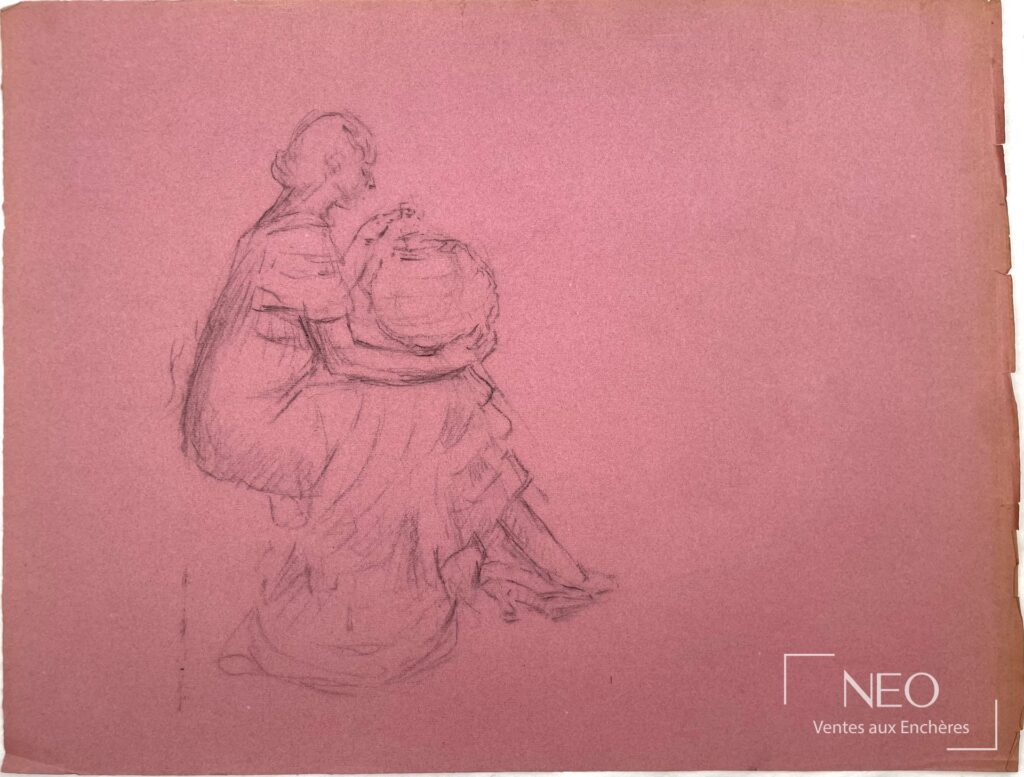 Étude au crayon sur papier lie de vin représentant une femme de profil tenant un vase