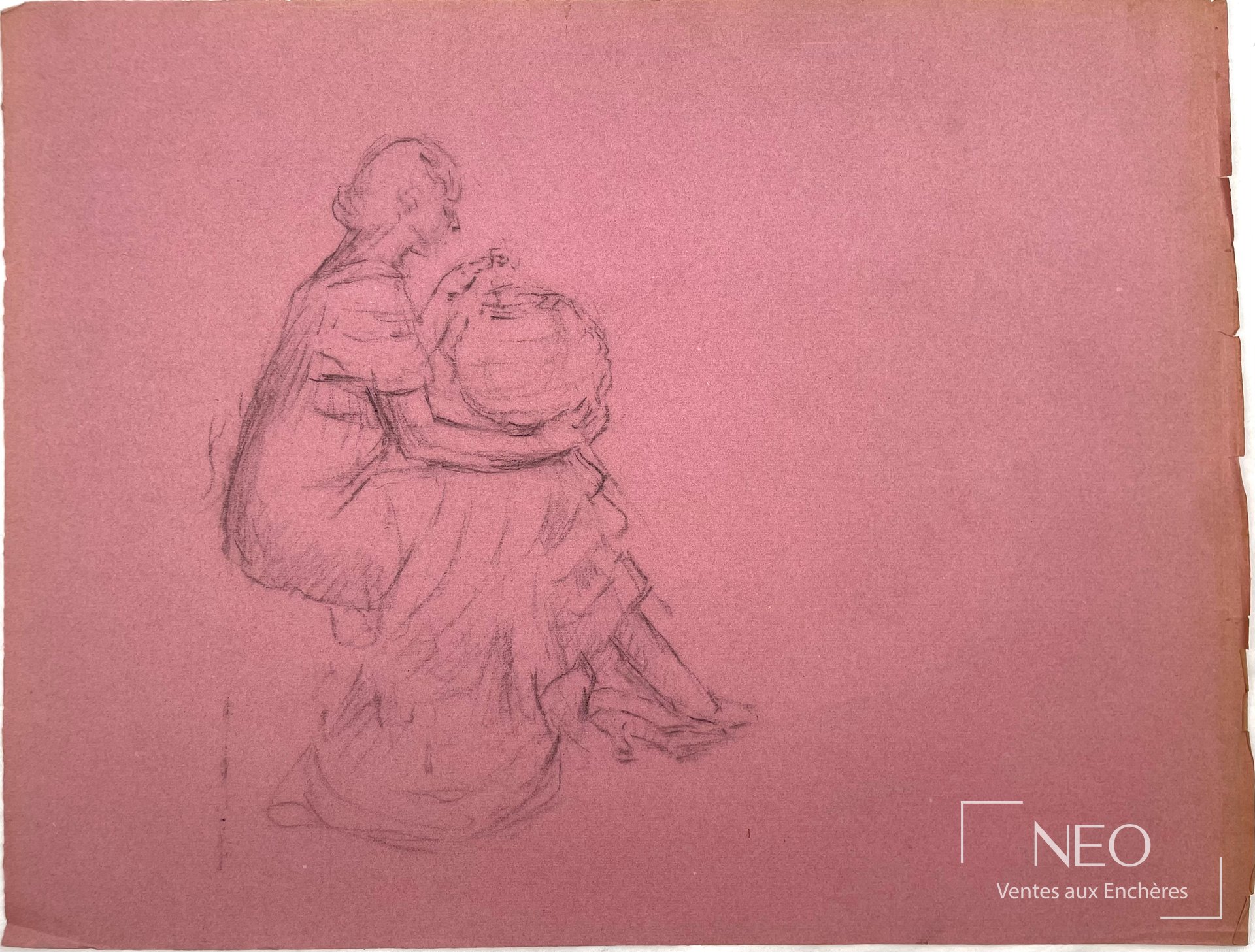 Étude au crayon sur papier lie de vin représentant une femme de profil tenant un vase