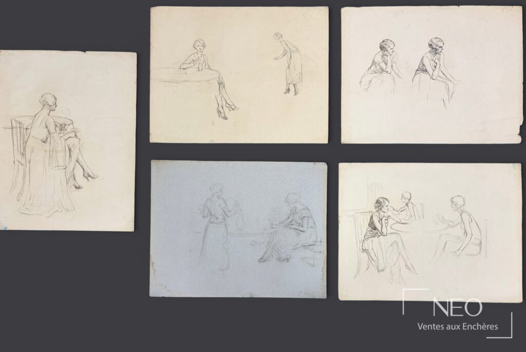 Ensemble de cinq études de femmes à la pierre noire sur papier