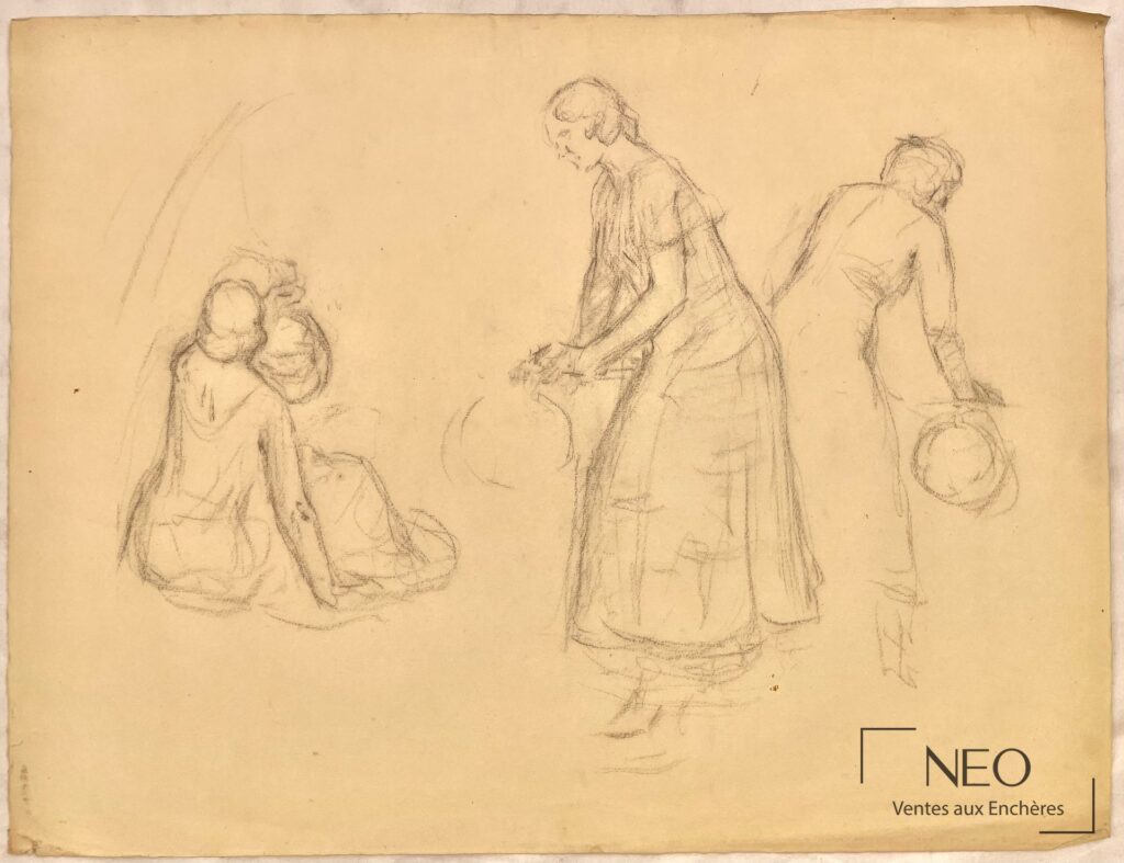 Étude de femmes à la pierre noire sur papier