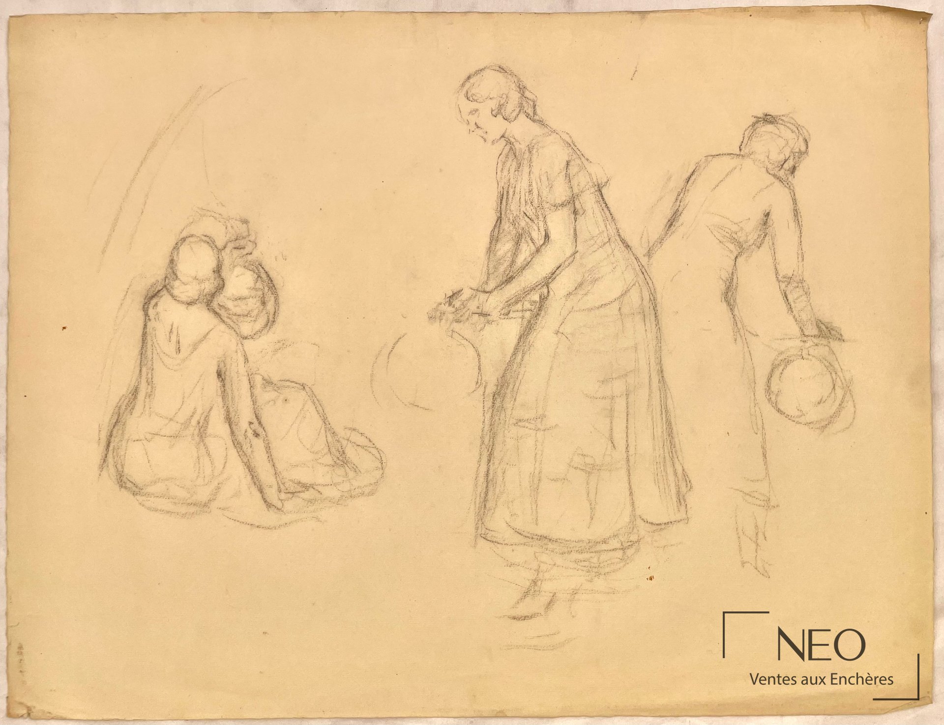 Étude de femmes à la pierre noire sur papier