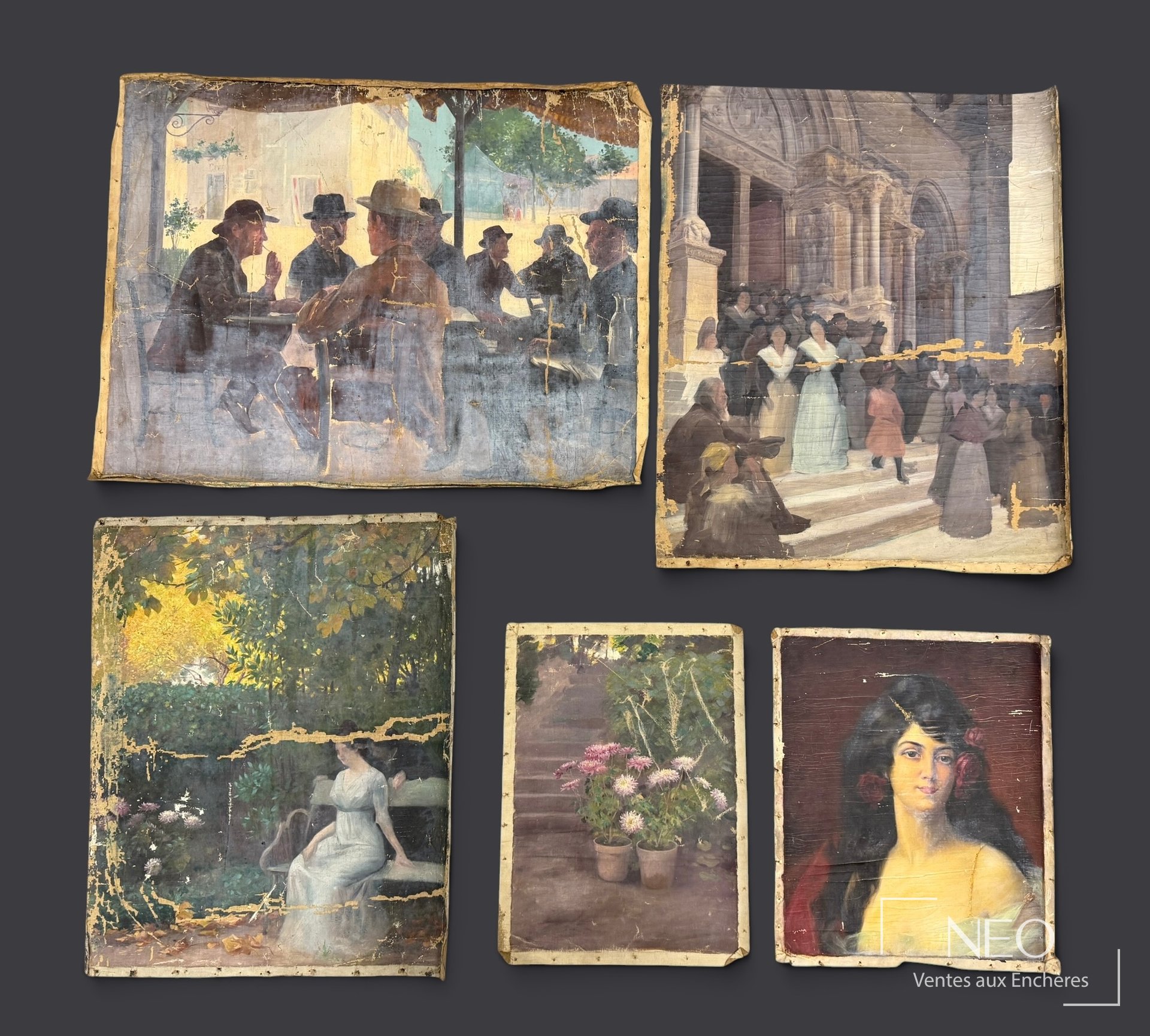 Ensemble de cinq huiles sur toile attribuées à Delphin Enjolras